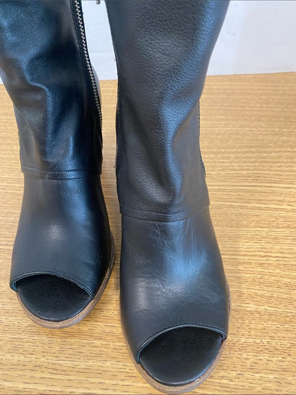 Matisse Black Leather Open-Toe Zip Ankle Booties with Wood Block Heel